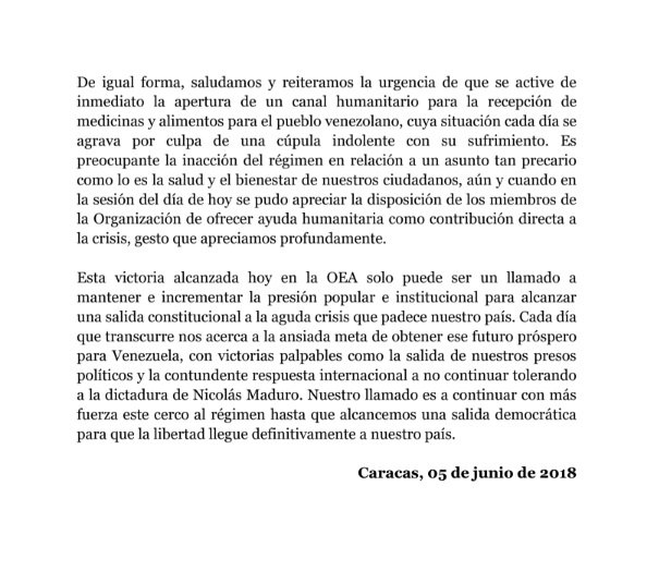 unidadvenezuela's tweet image. #Comunicado Mesa de la Unidad Democrática ante el desconocimiento del fraude del 20 de mayo por parte de la @OEA_oficial