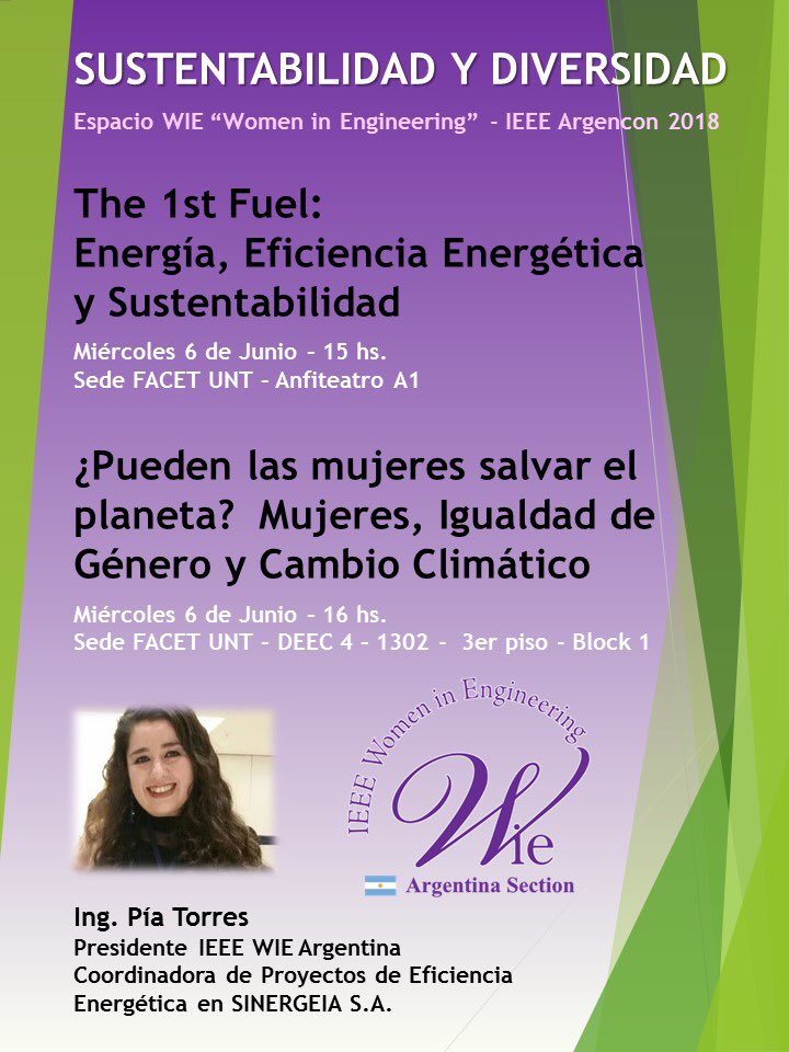 #sustentabilidad y #diversidad dos grandes temas para debatir!!! Los espero en mis charlas de <a href="/wieargentina/">Women in Engineering (WIE) Argentina</a> en <a href="/ieeeargencon/">IEEE ARGENCON</a> en #Tucumán <a href="/ieeeIAS/">IEEE IAS</a> <a href="/IEEEWIE/">IEEE WIE</a> <a href="/ieeear/">IEEE Sección Argentina</a> <a href="/WieUtn/">IEEE WIE UTN BA</a> <a href="/IEEEYP/">Young Professionals</a>