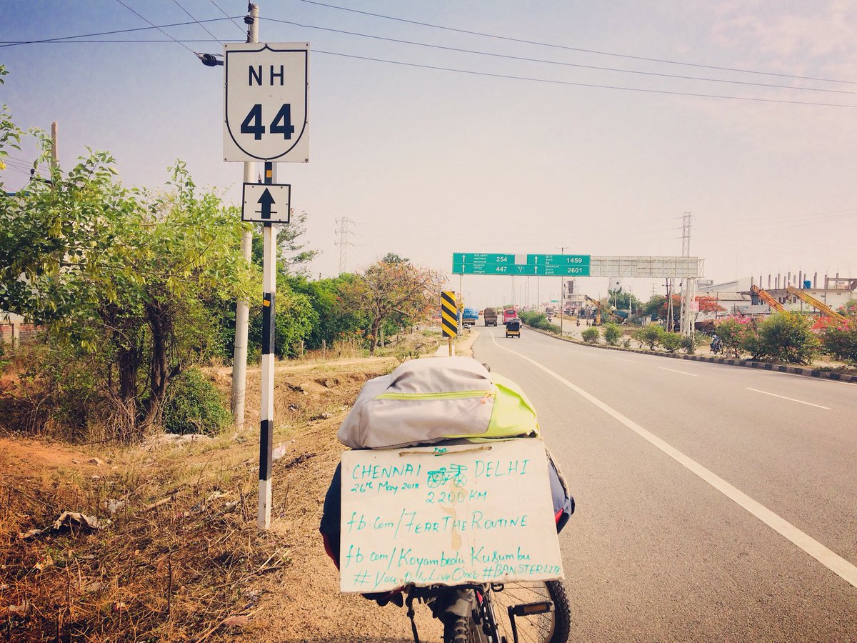 feartheroutine's tweet photo. Epic cycling journey of 2200 kms. Chennai to Delhi. #cycling #travelenthusiast #travel #motivationalquotes #chennai #hyderabad #telangana #NH44 #BearGrylls #Book #ExtremeSurvivors #EverydayAdventure #FearTheRoutine #MakeMomProud #YouOnlyLiveOnve #DiscomfortZone #Challenge https://t.co/FYuKb959fw