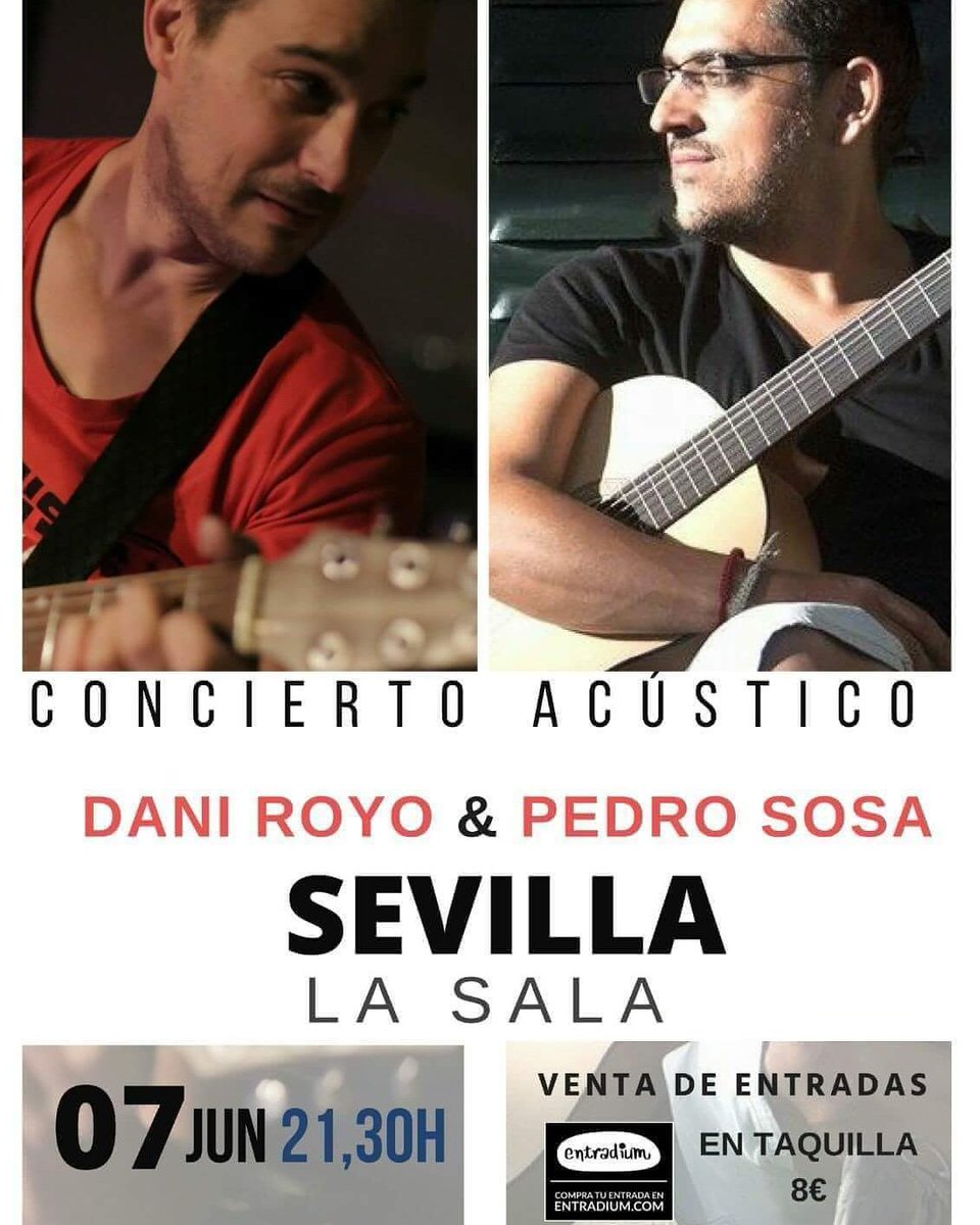 PedroSosaRojas's tweet photo. A tan solo unos días del próximo concierto en La Sala. Plaza del Pumarejo. Sevilla. 
Compartiendo escenario con un verdadero Crack, Dani Royo... TODO UN PLACER! 
TE ANIMAS A PASAR UN BUEN RATO CON NOSOTROS? 
Y ya sabes, si puedes, RT! 

A por todas! https://t.co/fsvsoxkjD8