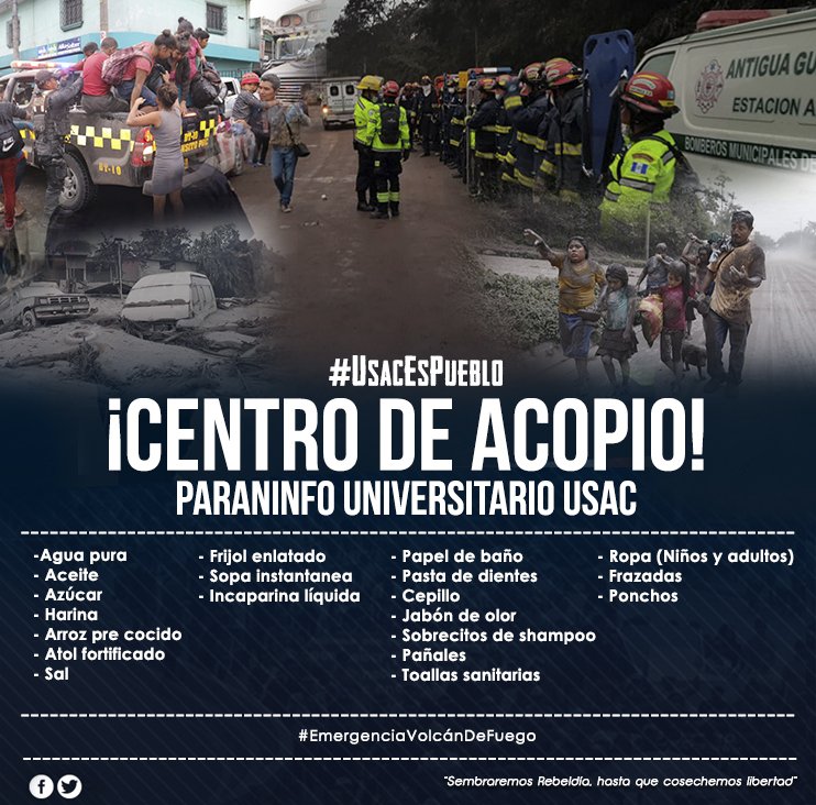 prensa_libre's tweet photo. #TragediaVolcán | El Paraninfo universitario de la Usac ha sido habilitado como un centro de acopio. Comparta con un RT. https://t.co/mNXoWtRLAt