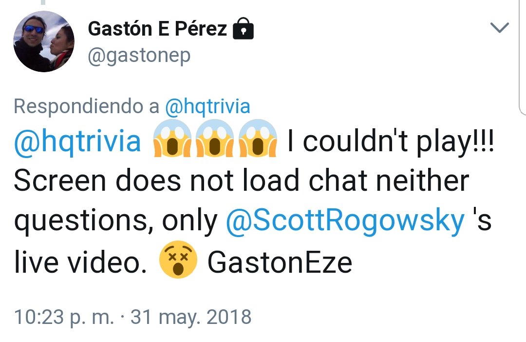 gastonep's tweet photo. @hqtrivia I've been affected today, same issue that I experienced in the may 31 game 👇 Thanks! @ GastonEze https://t.co/xjwexqx6mM