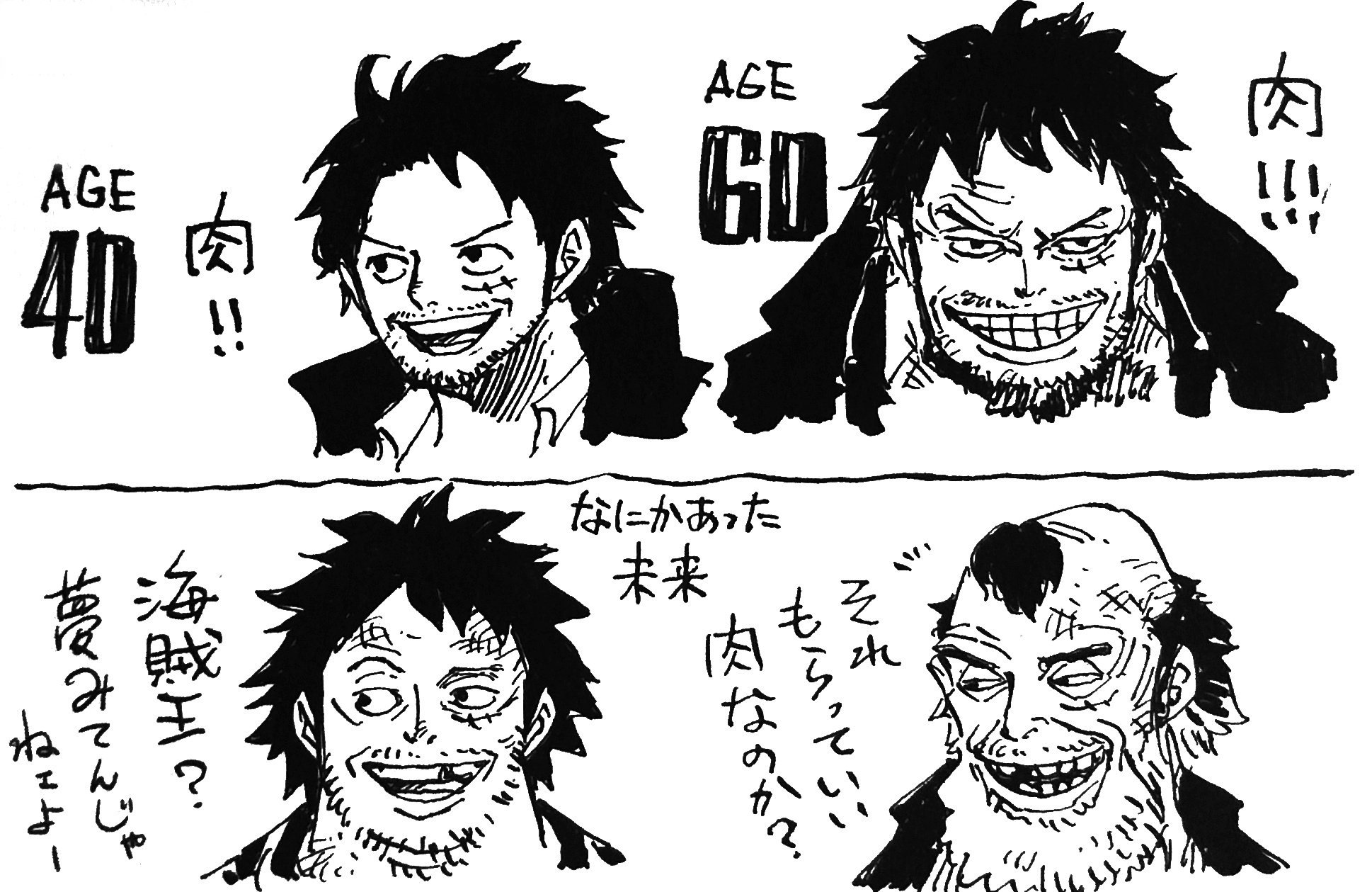 まな 巻の40歳 60歳のルフィ もし生きてるなら という尾田先生の言い方が気になりました 2年前のギア2やギア3 イワンコフの治癒ホルモンを合わせると恐らく数十年単位で寿命を減らしているはず Sbsで描いたという事は本編でルフィがその年齢まで