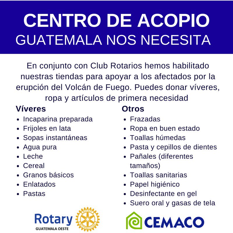 CEMACO_GT's tweet photo. En CEMACO lamentamos profundamente lo sucedido hoy y nos solidarizamos con los afectados por la erupción del Volcán de Fuego; por tal motivo en conjunto con Club Rotarios de Guatemala, hemos habilitado nuestras tiendas como centro de acopio ¡Guatemala nos necesita! #Volcandefuego https://t.co/TYUgx6jZLa