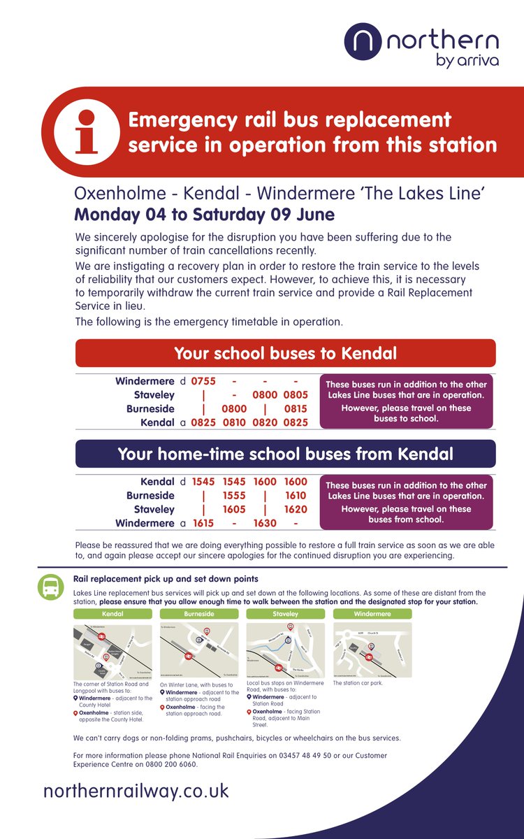 nationalrailenq's tweet image. #NorthernUpdates - Passengers travelling with Northern are advised to check before you travel at nationalrail.co.uk

A summery of routes affected can be found at nationalrail.co.uk/service_disrup…

For an initial period of two weeks, buses will run between Windermere and Oxenholme.