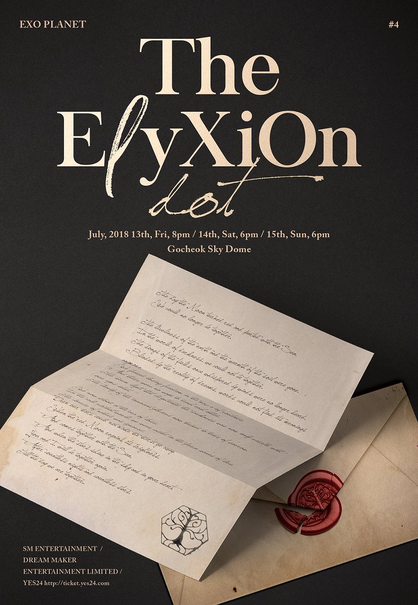 EXO가 오는 7월 앙코르 콘서트 ‘EXO PLANET #4 – The EℓyXiOn [dot] –’을 개최합니다!

📆2018.07.13 – 2018.07.15
📍서울 고척스카이돔
🎫티켓 예매: 2018.06.12 오후 8시 YES24

#EXO #TheElyXiOn_dot #EXOL