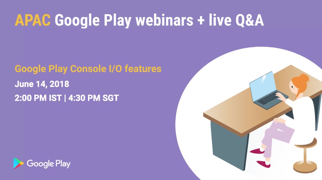 GooglePlayBiz's tweet image. Introducing our latest Google Play webinar for #AndroidDev in APAC! 

We’ll walk you through the latest #PlayConsole updates from #io18, including:

✅ Dynamic app framework
✅ Testing &amp;amp; rollout 
✅ Android vitals

🗓️ June 14th, register here → goo.gl/Azcbuc