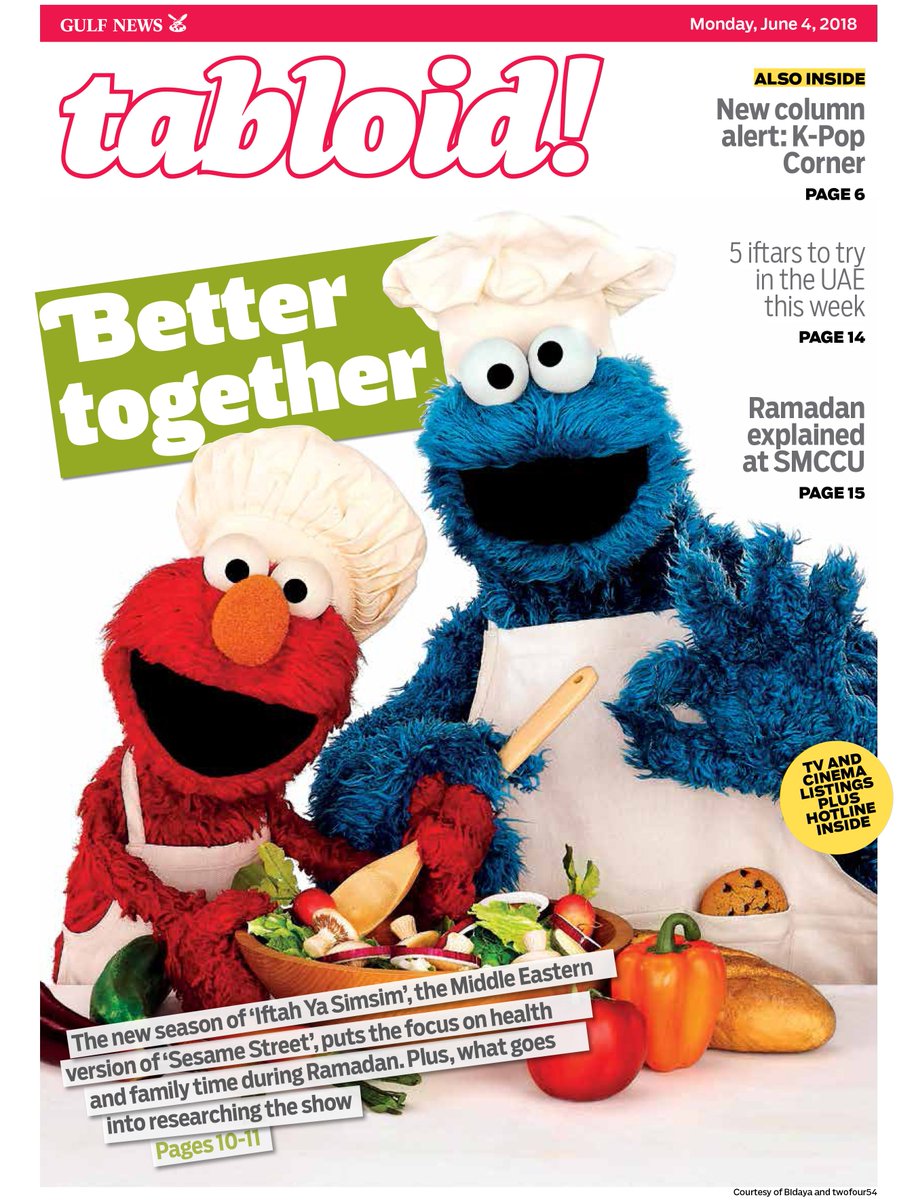 GulfNewsTabloid's tweet photo. #IftahYaSimsim, the Middle Eastern TV series based on @sesamestreet, returns this season to promote healthy eating during #Ramadan, with a little help from Muppets Elmo, Noman and Shams #TabloidCover https://t.co/fjXRr1x42G https://t.co/j68s9LS8Xj