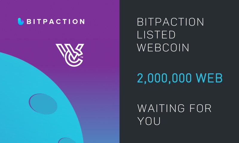 bitpaction's tweet image. We are pleased to announce that we will list Webcoin(WEB) on June 5, 2018 at 20:00(UTC+8). @webcointoday Follow us, retweet this and fill the form,  you can get 20 WEB. The event will stop when a total of 100,000 WEB been sent out. 
Form: goo.gl/forms/E5kBm3No…