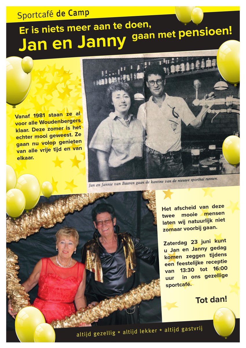 Afscheid van Jan en Janny van Baaren WOUDENBERG Voor Woudenbergers Jan en Janny van Baaren komt er zaterdag 23 juni een einde aan een lange periode als beheerders van sport-en cultureel centrum de Camp. Van 13.... twib.in/l/jrpE9gG6q6x8