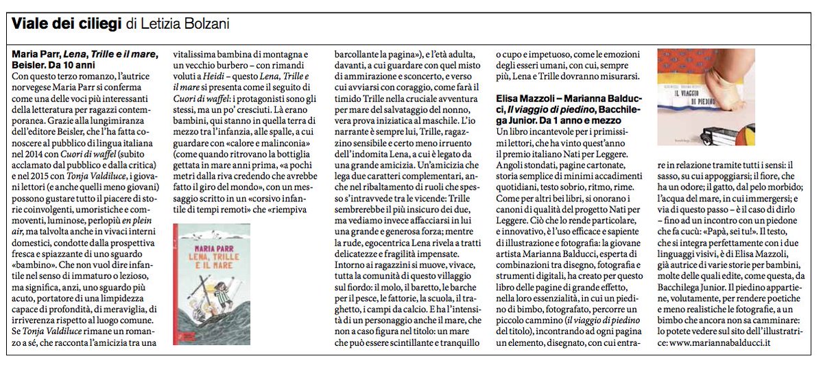 Un ringraziamento a Letizia Bolzani per questa sua recensione di "LENA, TRILLE E IL MARE" uscita sul settimanale svizzero Azione il 7 maggio scorso.