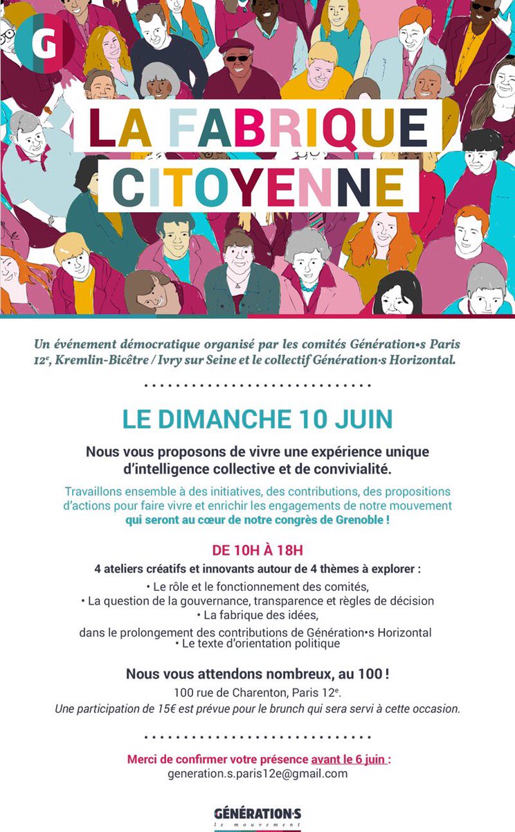 Generations12e's tweet image. 10 JUIN : Nous vous convions à un grand exercice organisé par les comités @GenerationsP_12 @GenerationsKB94 et le collectif Génération·s Horizontal

Travaillons ensemble à des initiatives, contributions et propositions pour faire vivre nos engagements.
Inscription obligatoire !