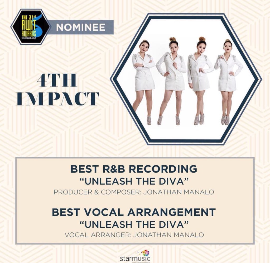 4SISTERSMUSIC's tweet photo. What a great way to start the week! Such an honor to be nominated by @AwitAwards #31stAwitAwards 😍 Thank you @StarMusicPH ❤️ #4thImpact https://t.co/kxbVyNwdrF