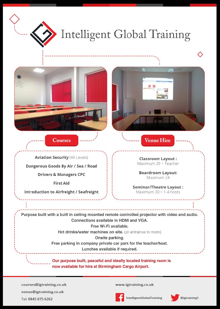 igtraining1's tweet image. Looking for a training venue located in the Birmingham Area? Our purpose built facility at Birmingham Cargo Airport is available for hire from July 1st...

Get in touch at venue@igtraining.co.uk!

Thank you
#Training 
#venue 
#courses 
#trainingdays