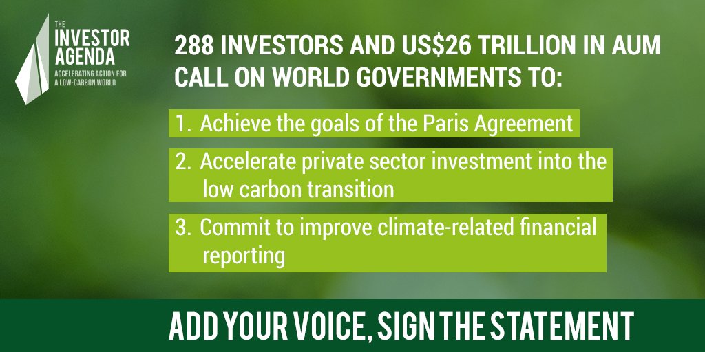 Today, 288 global investors managing more than US $26 trillion in assets write to the #G7 and call on world Governments to urgently step up their #ClimateAction to implement the #ParisAgreement. Read the statement here ---> bit.ly/2kLMr83 #TheInvestorAgenda