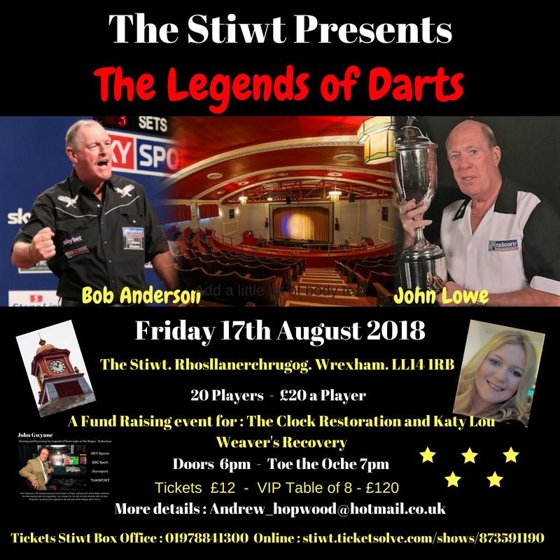 Two World Champions, the first player to hit the perfect 9 dart leg of 501 on TV, Mr Microphone John Gwynne, VIP, meet and greet, Q&A, tickets at £12, and a great venue, the Stwit, #welovewales #wrexhamtown #thestwit