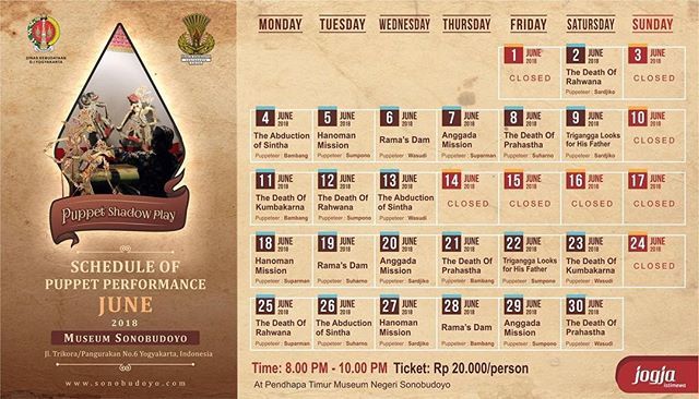 infojogja's tweet photo. #event #wisata | @sonobudoyo:
Selamat siang sahabat museum
­
Berikut Jadwal Pagelaran Wayang Kulit Durasi Singkat Museum Sonobudoyo Bulan Juni 2018
­
📍 Pendhapa Timur Museum Sonobudoyo
🕗 20.00 - 22.00 WIB
💸 Rp20.000/orang
­
#PuppetPerformance #Wayang… https://t.co/FrpG2xUvhU https://t.co/bOfwLLmfv1