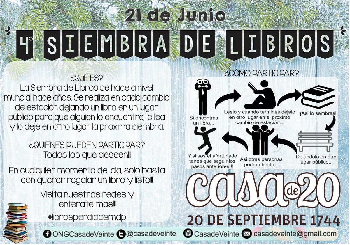 CasadeVeinte's tweet image. Pasate por el evento de la 4ta Siembra de Libros ! 
facebook.com/events/1754293…
#SiembraDeLibrosMDP #LIBROSPERDIDOSMDP