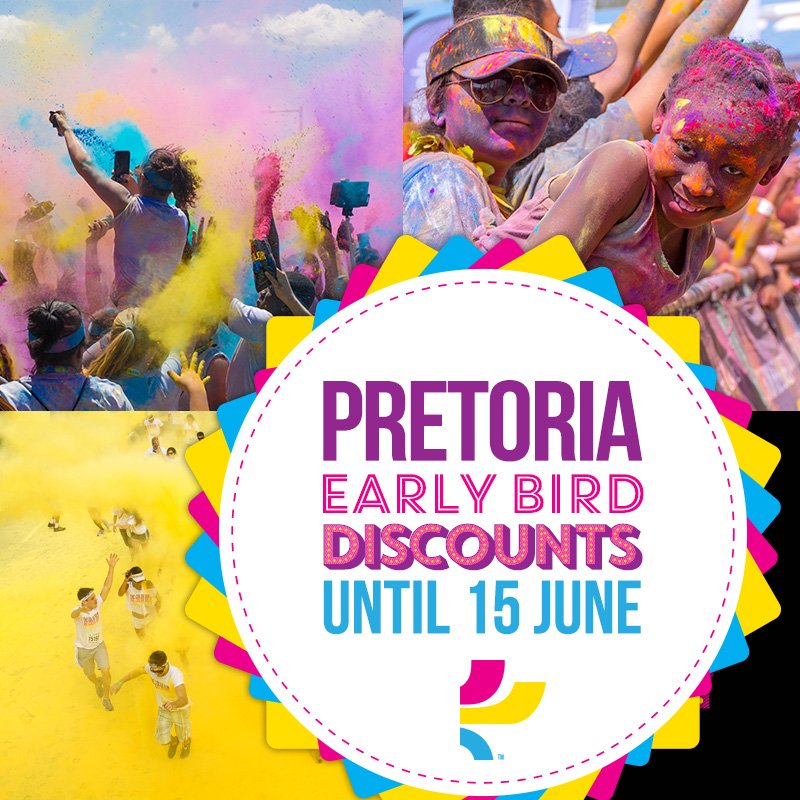 Pretoria - Early Bird ticket time! Grab your tix before 15 June to get AMA-ZING discounts on solo and team tickets! thecolorrun.co.za 

The Color Run Pretoria 21/07, Pretoria Rugby Club. <a href="/ShowMePretoria/">ShowMe Pretoria</a> <a href="/PretoriaRSA/">Pretoria City</a> <a href="/PretoriaFM/">Pretoria FM</a> <a href="/pretorianews/">Pretoria News</a>  <a href="/RekordNewspaper/">Pretoria Rekord</a> <a href="/GetItPTA/">Get It Pretoria</a>