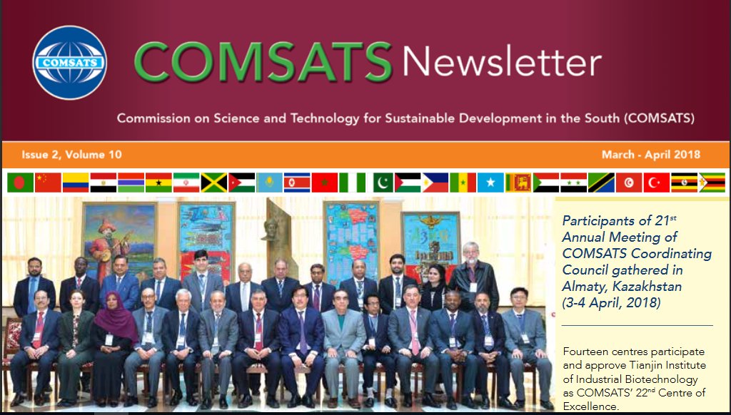 COMSATS_en's tweet photo. Latest about @COMSATS_en in Newsletter Issue 2 of 2018 (March-April 2018) online: https://t.co/t7w75Jf8oz

@Kaznuofficial #BCSIR, #IROST, #ICENS, 
#RSS, , #ITI, #IRCC, #HIAST,  
#CERTE, #ICCES, #TIB, #NRC https://t.co/TI2oxBDUey