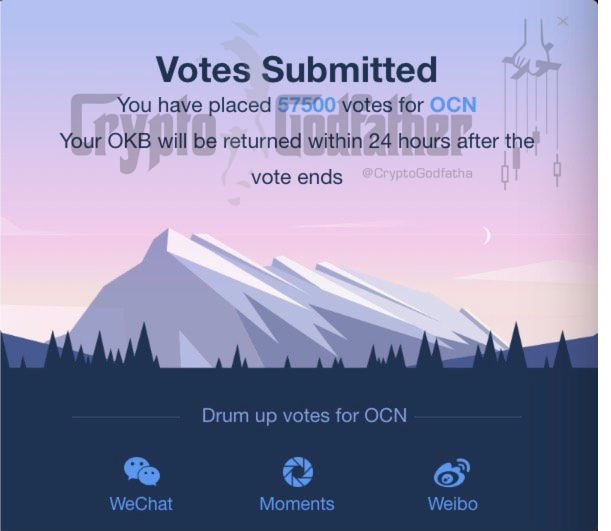 dxvid's tweet image. Want to see what support looks like? 

Godfather just dropped votes for @OdysseyOCN to list on @OKEx_!

Every week they will LIST 3 top voted coins - guaranteed. Each #OKB = 1 Vote. And it's all refunded. No risk.

Follow @OKEx_ and vote here: bit.ly/OKExVote  

Go go go!