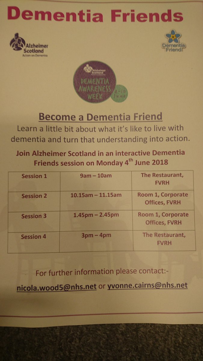 Details of today's Dementia Friends sessions @NHSForthValley. Members of the public welcome to sessions 1&4 #DAW2018 #oneweething