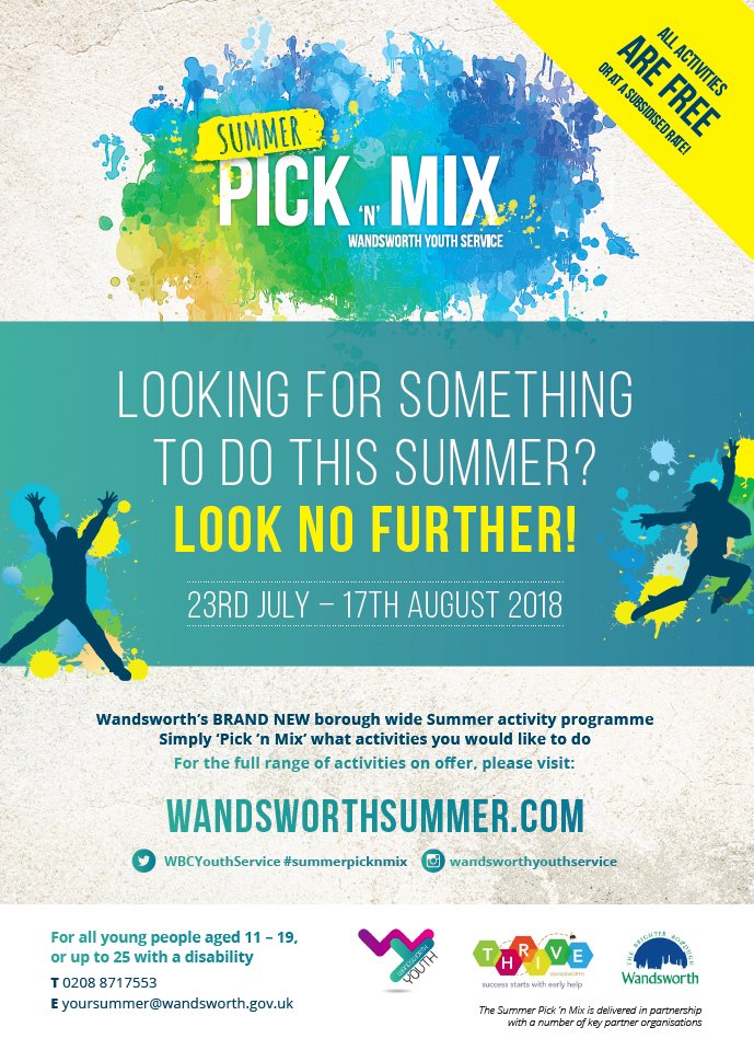 Its nearly here! Be sure to not miss out on the BRAND NEW <a href="/wandbc/">Wandsworth Council</a> #SUMMERPICKNMIX for all young people! Come and "Pick n Mix" what activities you would like to do. 23rd July - 17th August. All activities FREE or at a HIGHLY subsidised rate #RT