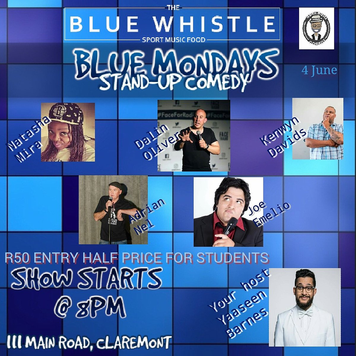 PungDubious's tweet photo. Happening tonight! #BlueMondayComedy @bluewhistleCT in Claremont. With your host @Ya_a_seen_Him. Do not miss this opportunity to make the week better! #comedian #comedy #sacomedyshares #comedyhustlelive #capetown #ismailmoses #ismailmosescomedy #ismail #moses https://t.co/aijRuXYS4B