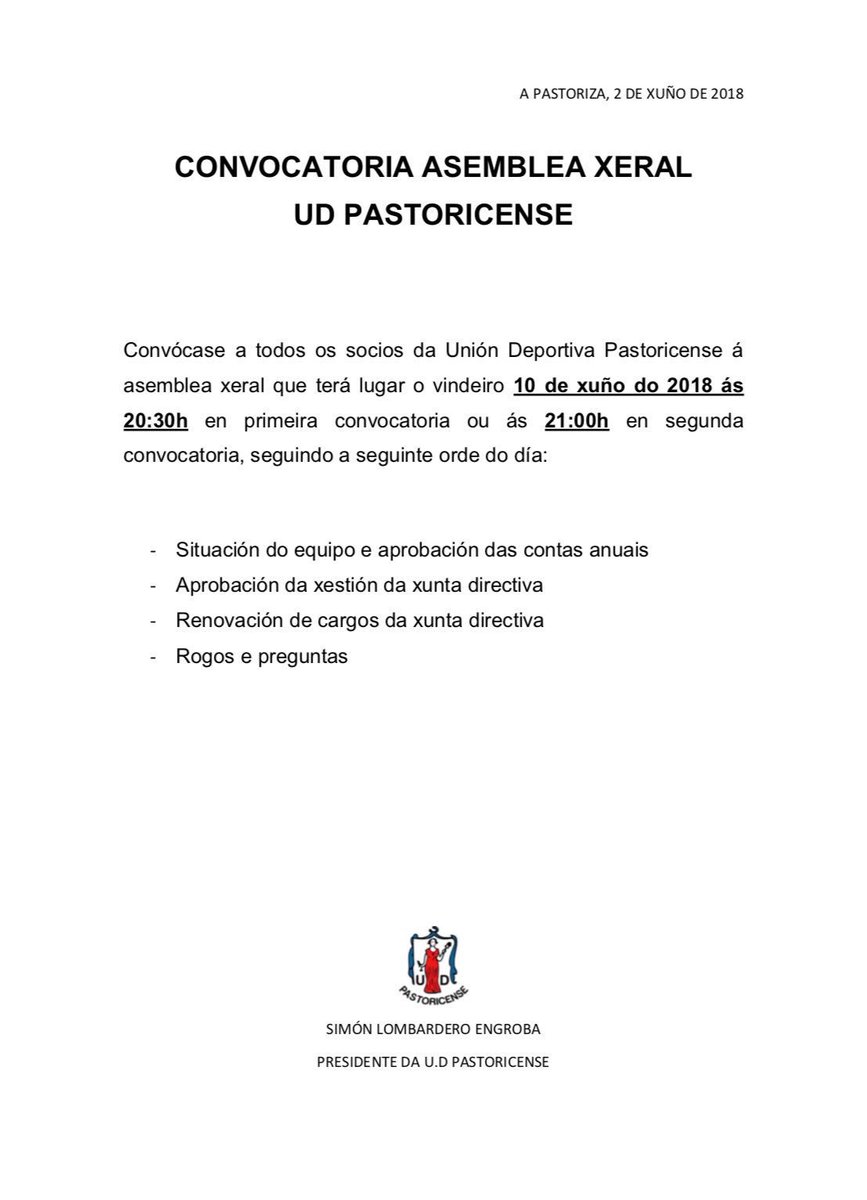 Convocamos a todos os socios o Domingo 10 de Xuño.
Asamblea Xeral apartires das 20:30H no salón de actos da Casa da Cultura (A Pastoriza)
