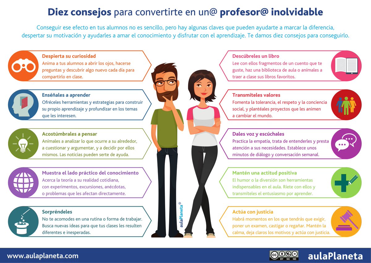 Aulaplaneta's tweet photo. ¿Cómo convertirse en un profesor inolvidable? ¡Sigue estos 10 cosejos! #Educación #Infografía https://t.co/aEKgmDm3nd