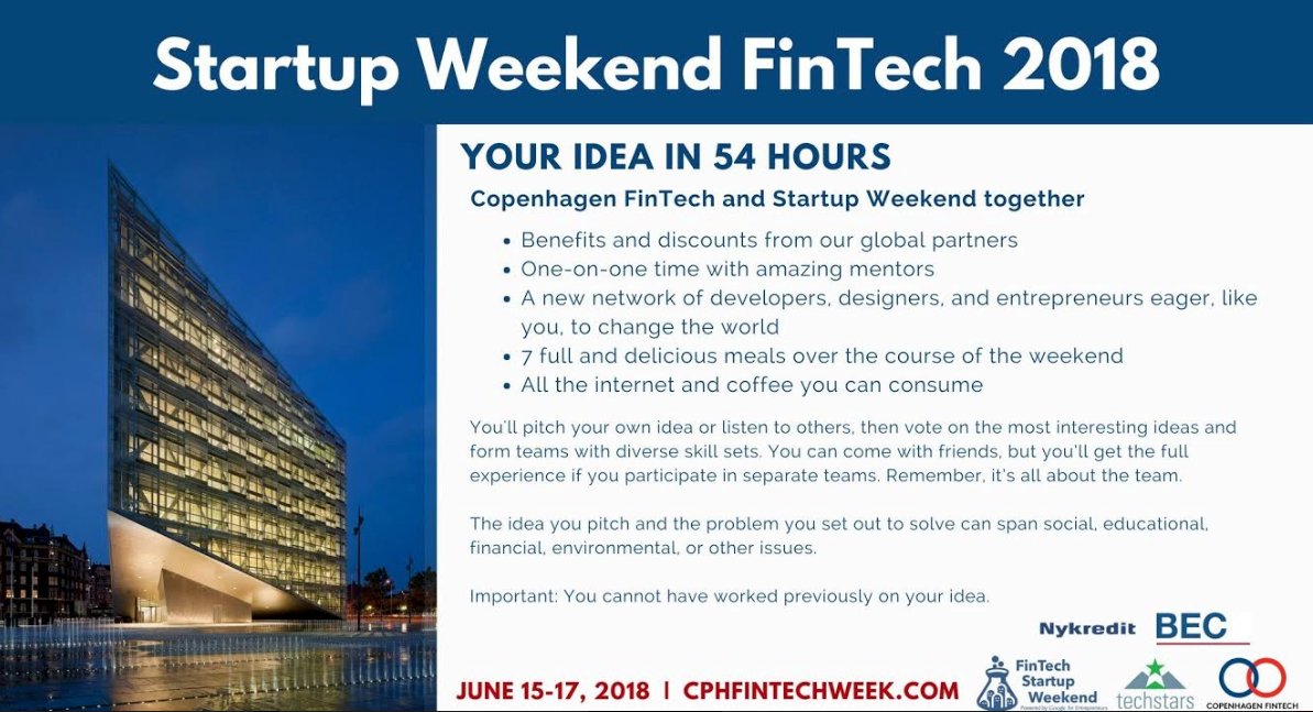 A few more reasons why to join us <a href="/CphSW/">Startup Weekend CPH 🇩🇰</a> 😉 See you next week <a href="/nykredit/">Nykredit</a> HQ together with <a href="/CphFinTech/">Copenhagen FinTech</a> #CPHSW #cphftw #malmostartups ➡️➡️➡️ facebook.com/events/1607200…