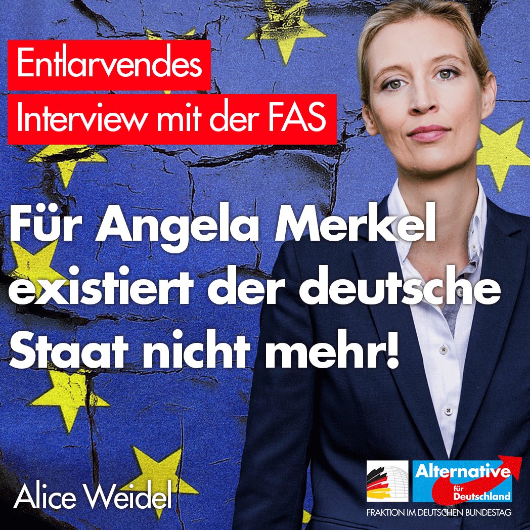 Alice_Weidel's tweet photo. Angela #Merkel hat in ihrem FAS-Interview mehr als deutlich gemacht, dass sie jegliche Souveränität abzugeben bereit ist, die Bundesregierung folgt ihr bereitwillig. Für sie existiert offensichtlich #Deutschland als souveräner Staat nicht mehr! #AfD #EU
https://t.co/GvRL61DxxR https://t.co/c1CqNxIkIV