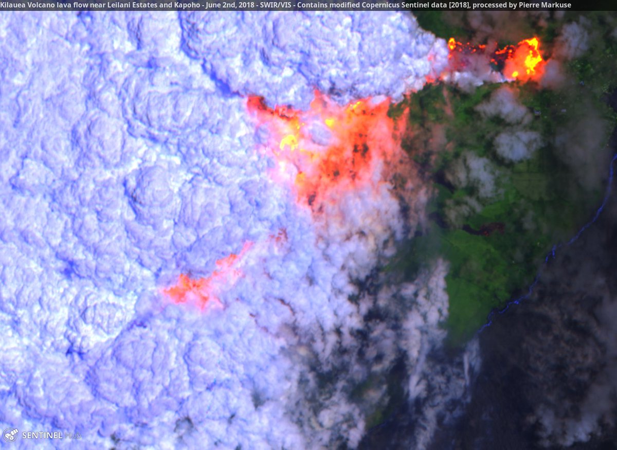 Sentinel-2B image of a Kilauea Volcano lava flow near Leilani Estates and Kapoho, Hawaii, USA. June 2nd, 2018. Copernicus/Pierre Markuse