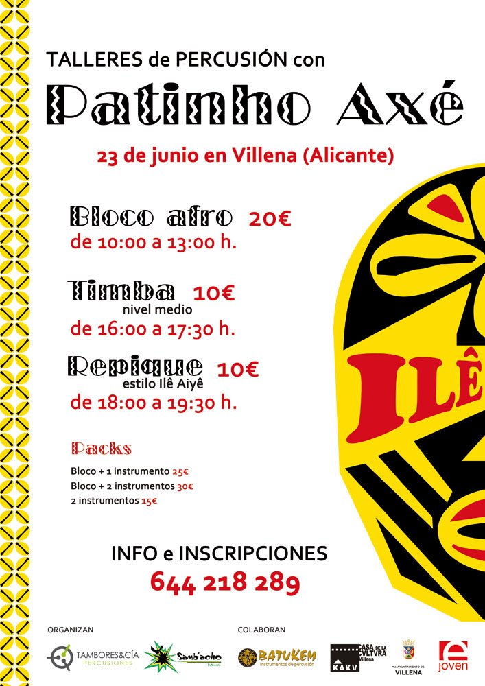 sambacho's tweet photo. @BatekBatucada @BemBeBatucada @sambadum @Retumbaya @SambatekB @BatucadaSambala @Insomnia_Btkd @Quilombeira @sambalea @Sambolika @batakumbatucada Organizamos talleres de bloco, timba y repique con Patinho Axé en Villena (Alicante). Info 644218289 https://t.co/a5dOR3PBWt