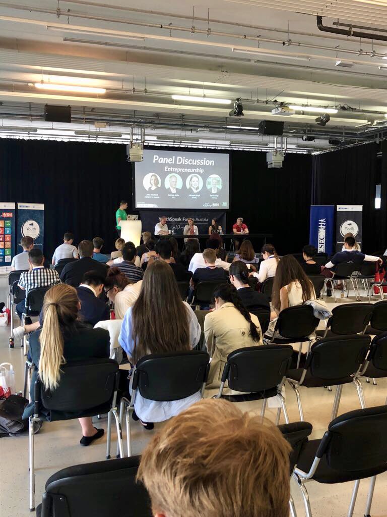Finnoq's tweet photo. Besides @KPMG, @UNIDO, @jkulinz and @catalysts also @finnoq were represented at @YouthSpeakForum #2k18 in @tabakfabriklinz. Our #CEO Florian spoke about #Entrepreneurship and gave #insights into his #Career and position at #Finnoq. #FnqTeam #joinourteam #WeAreHiring https://t.co/Rdx4uMEL8C