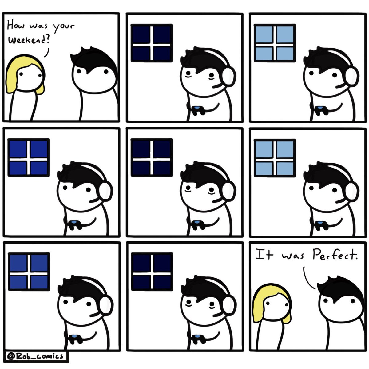 Rob_comics's tweet photo. Weekend vibes.  

#monday #MondayMotivaton #MondayMood #weekend #weekendvibes #relaxing #gamer #ps4 #NintendoSwitch #comic #comics #webcomic #funny #relatable #gaming #videogames #art #artist https://t.co/z5y5JDKNnZ