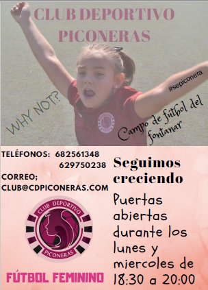 JORNADA DE PUERTAS ABIERTAS!!!! Seguimos creciendo y para la próxima temporada nos planteamos como objetivo competir en las diferentes categorías del  #futfem cordobés. ¿Quieres ser PICONERA?, acércate por el fontanar los lunes y miércoles de 18:30 a 20:00 #cordobaesp