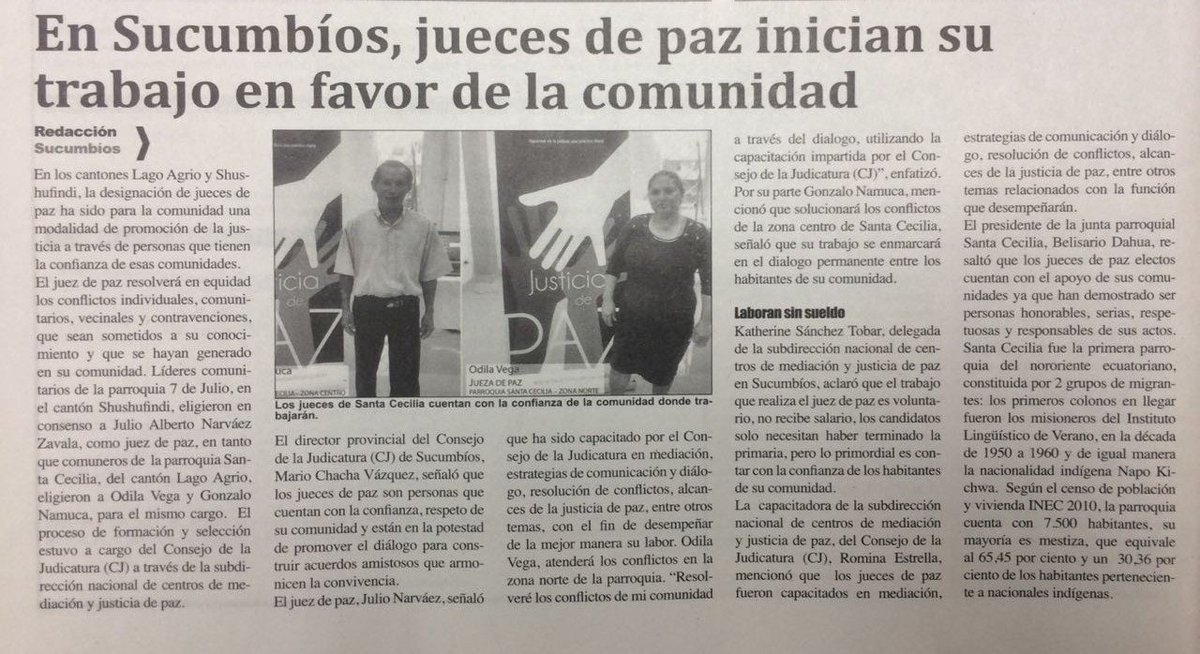 SucumbiosCJ's tweet photo. 📰 #CJenMedios | #SemanarioIndependiente: La justicia de paz amplía su cobertura en #Sucumbíos. ↘ https://t.co/QJ5px6HVOn
