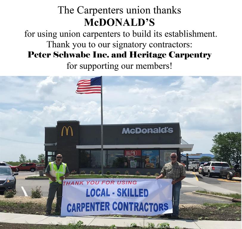 MidAmCarpenters's tweet image. The Carpenters thanks #McDonald's and signatory contractors #PeterSchwabeInc. and #HeritageCarpentry for supporting our skilled union members.