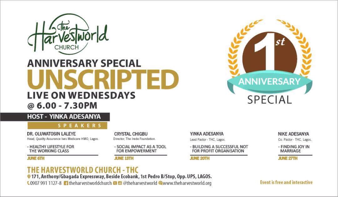 theharvestworld's tweet photo. In the celebration of Unscripted THC 1st Anniversary this month, meet top rated speakers like Dr. Oluwatosin LALEYE of St. Ives Medical HMO this Wed. June 6th, discussing on " Healthy lifestyle for the working class" 6pm. Event is Free & Interactive 0907991112
#UnscriptedTHC https://t.co/ojbFy4k10i