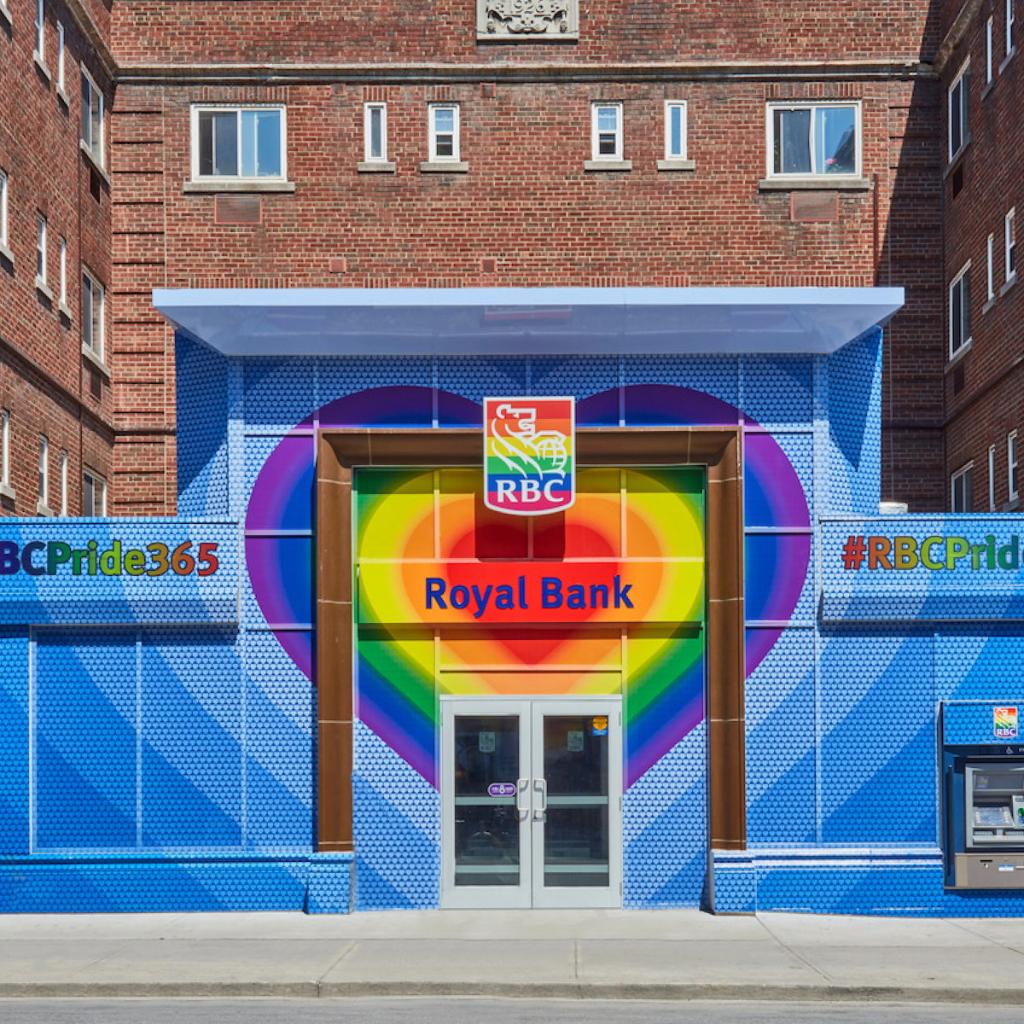 RBC's tweet photo. Our hearts are filled with #Pride over our Church &amp; Wellesley branch. If you're in Toronto over the next month, come by and celebrate #RBCPride365! #SpeakUpForInclusion ❤🧡💛💚💙💜 https://t.co/BvJzQJ0yGO