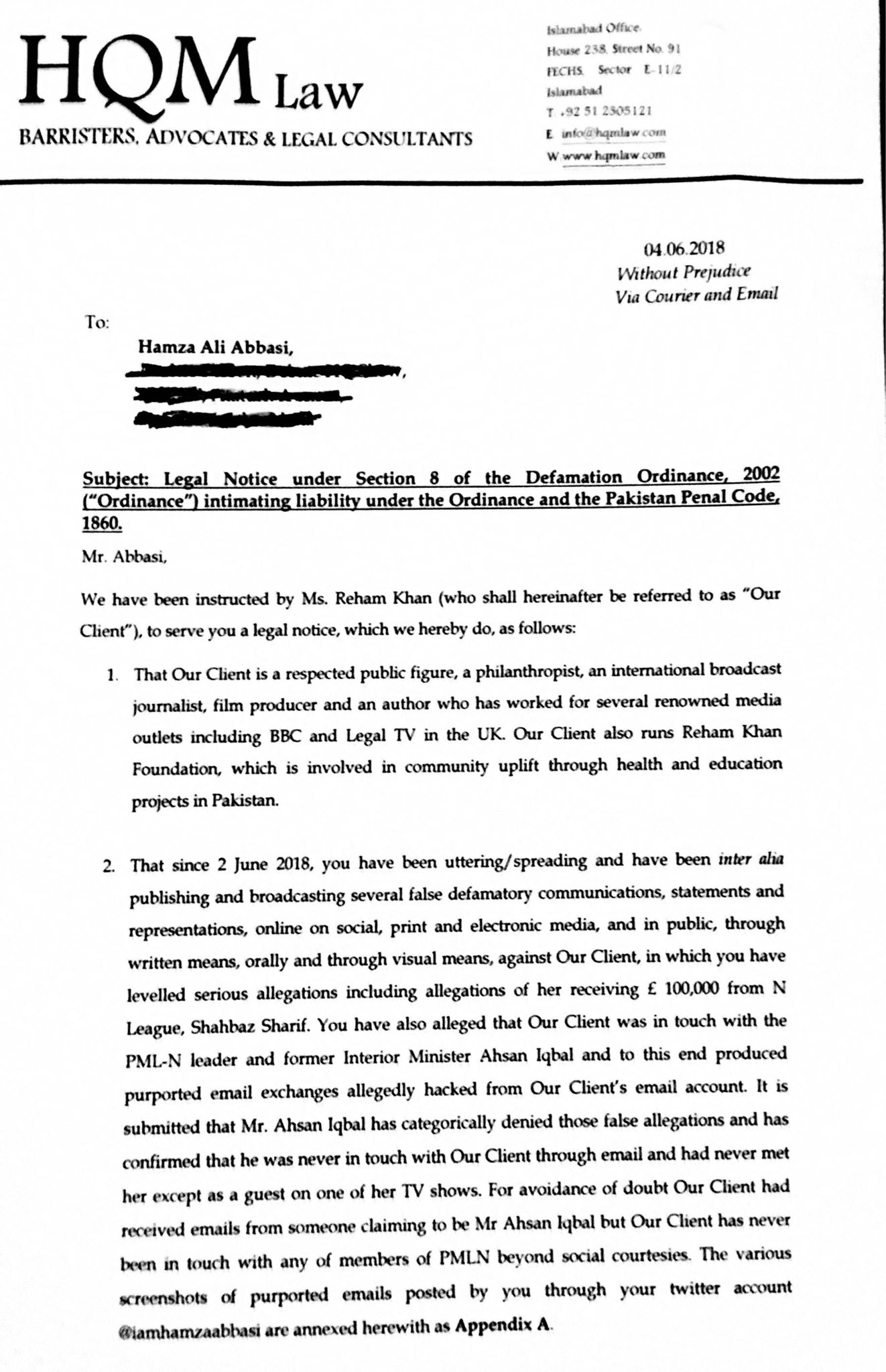Yasser Latif Hamdani On Twitter Legal Notice Sent To Iamhamzaabbasi On Behalf Of Rehamkhan1 Media Can Use It If They Wish Defamation Harassment Misogyny Metoo Timesup Https T Co Xgis8jata9