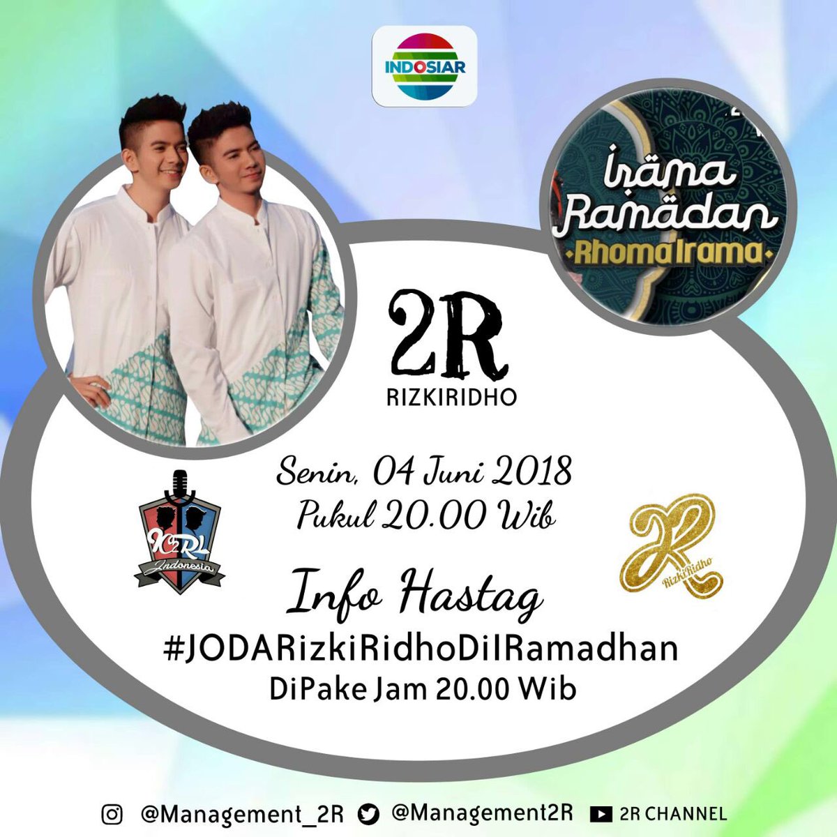 #JODARizkiRidhoDiIRamadhan 
Bismillah, Alhmdulillh hari ini pertama kali ikiidho nyanyi live single terbaru RIZKIRIDHO “JODA - Jodoh Ditangan Allah”
Bismillah Doain y teman” yah, kita ada di sagment 3, &amp; 8 guys,
Oia buat RBT ny bisa di cek di *123# TELKOMSEL