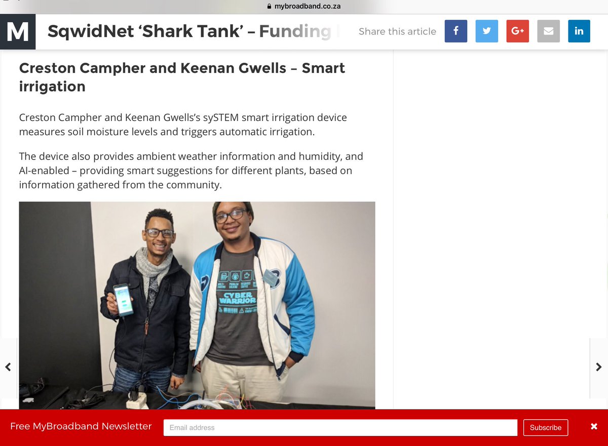 TiyaniTee's tweet photo. Really PROUD of @CrestonCam and @iamkeenanG6, IoT Agri entrepreneurs @MoringaBWest and leaders of @NCDevEco @Geekulcha in Kimberley @NorthernCapeSA. We’ll continue to support!

@SqwidNet ‘Shark Tank’ – Funding local IoT entrepreneurs: https://t.co/mJsx4sCVvG via @mybroadband https://t.co/dpniJwLfb9