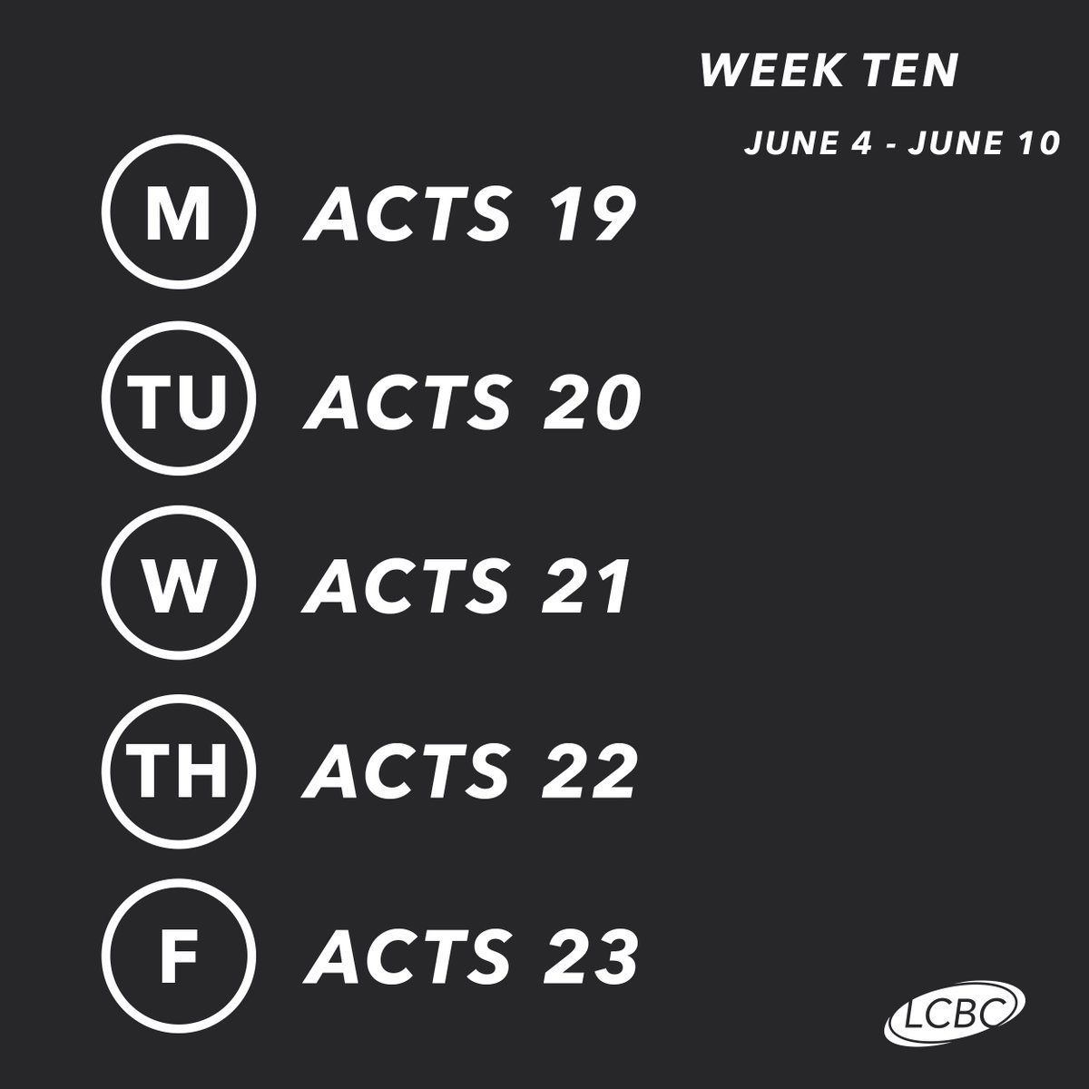 LCBCchurch's tweet photo. Week 10 of our Daily New Testament Bible Reading plan is here! Take a screenshot or save this page to keep up with this weekโs reading. #findyourchair https://t.co/kf8QcEIjk2