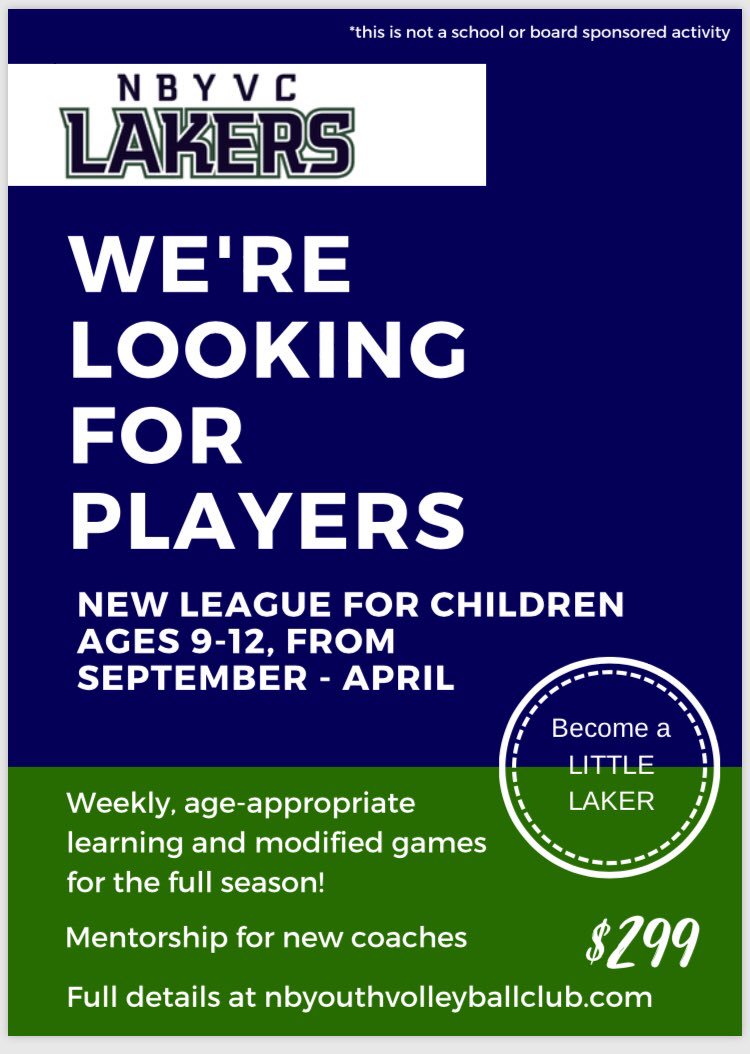 NBYVC_Lakers's tweet photo. New Little Lakers League... registration now open. Visit our website https://t.co/OIm6fUdGMF #LakersPRIDE 🏐💙💚💙🏐 https://t.co/YI5Dh97jqU