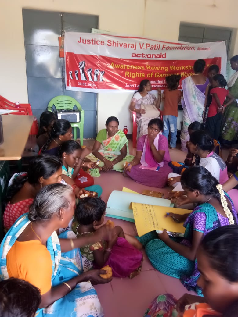 ActionAidIndia's tweet photo. Women garment workers participating in a workshop on legal awareness on the rights of #informalsector workers in Vepampatti, Tamil Nadu, organised jointly by Justice Shivaraj Patil V. Foundation &amp; @ActionAidIndia. Issues of #MInimumWage #SocialSecurity &amp; #Safety were discussed. https://t.co/rJSWJaxk7s