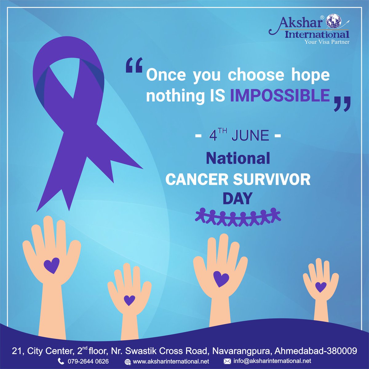 AksharInternat3's tweet photo. You are a SURVIVOR- It came. You fought. You Won. Once you choose HOPE nothing is imPOSSIBLE. #fightcancer #CancerSurvivorsDay #Cancers #Survivor #LongLive #LongLife #AimHigh #DreamBig #LiveToTheFullest  #studyabroad #WorkHard #HaveFaith https://t.co/TgslC9BjDb