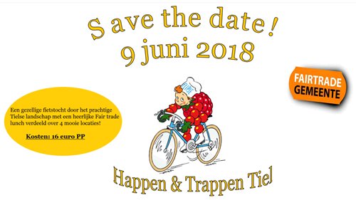 Save the date! Op zaterdag 9 juni as. vindt het evenement Happen &amp; Trappen Tiel plaats. Een gezellige fietstocht door het prachtige Tielse landschap met een heerlijke Fair trade lunch verdeeld over 4 mooie locaties! Kijk voor meer informatie op facebook.com/events/1630611…