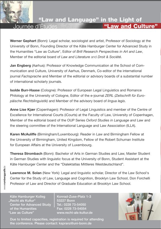 Journée d'Études "Law and Language" at the Käte Hamburger Kolleg Bonn, June 8, with Werner Gephart, Jan Engberg #jan_engberg, Isolde Burr-Haase, Anne Lise Kjær #KjrAnne, Karen McAuliffe #dr_KMcA, Theresa Strombach, Lawrence M. Solan: recht-als-kultur.de/de/aktivitaete… #legallinguistics #ERL